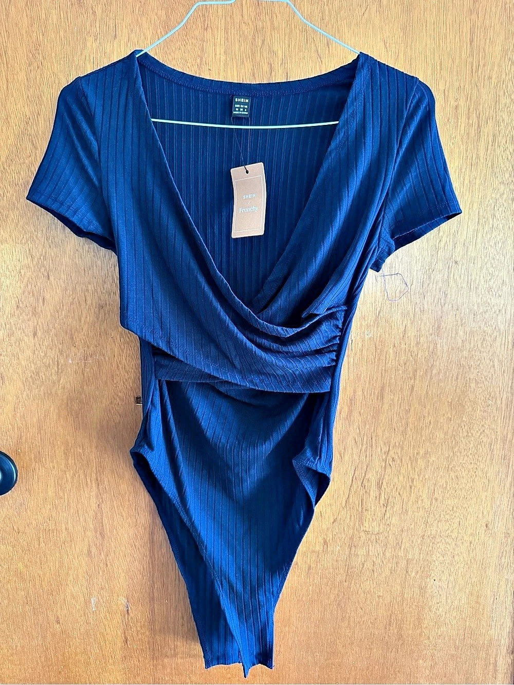 SHEIN Frenchy Solid Wrap Cross Ribbed Knit Bodysuit Frenchy Wrap Ribbed Knit
